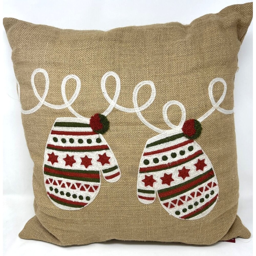 Burlap Embroidered Christmas Accent Pillow Red Green and White Mittens 18” X 18”